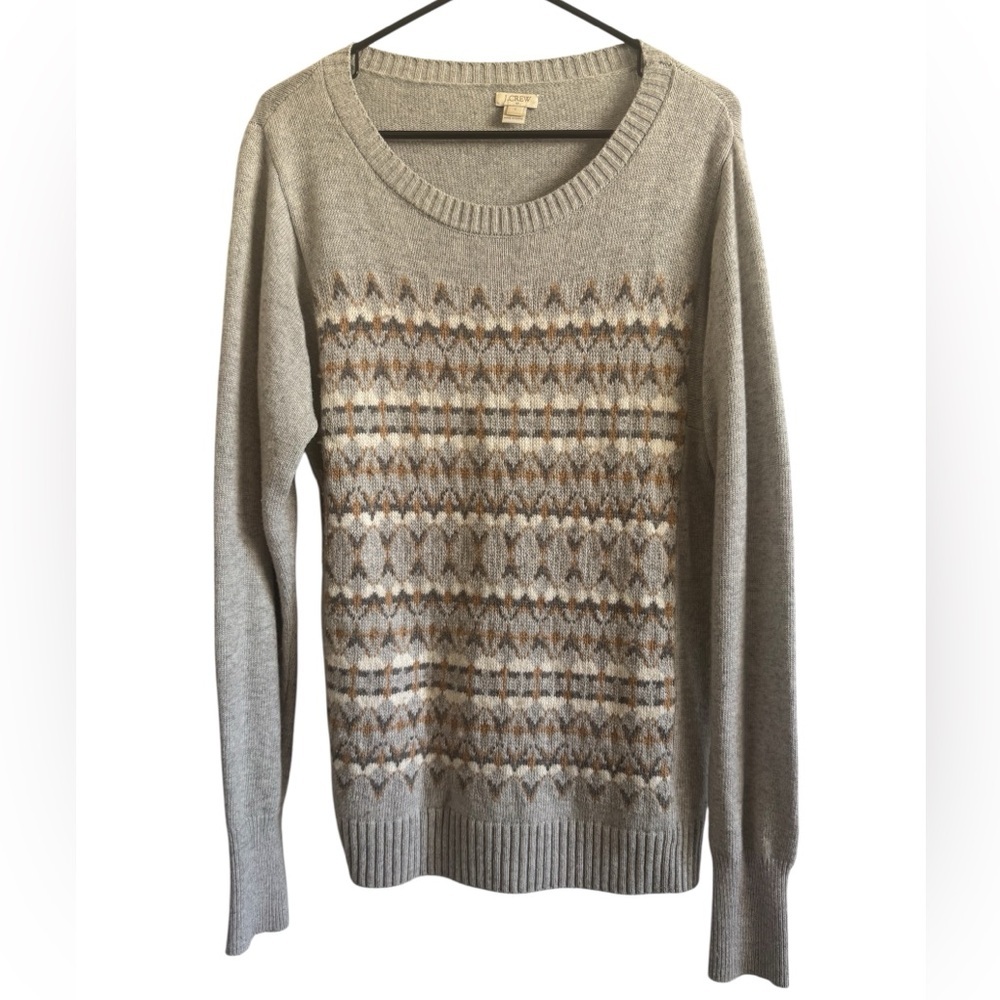 J. Crew Fair Isle Nordic Geometric Merino Wool Blend Gray Sweater Size Large - Picture 4 of 12